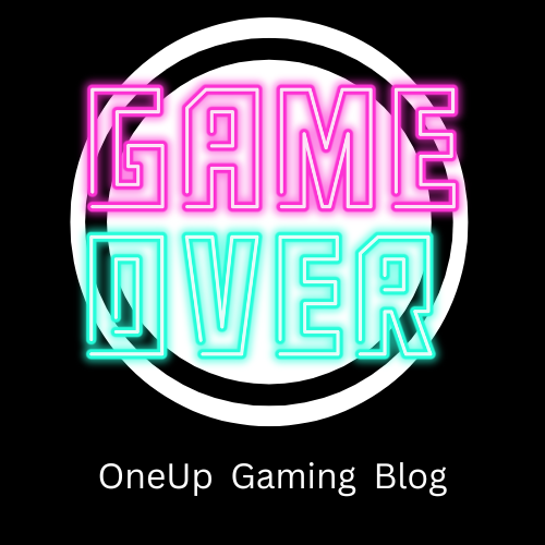 Neon “Game Over” sign with bold pink and aqua letters above the text “OneUp Gaming Blog.”